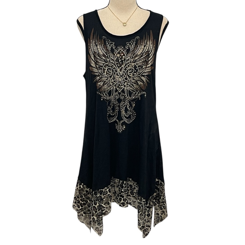 Vocal | Black Rhinestone w/animal print trim tank top tunic dress Sz L